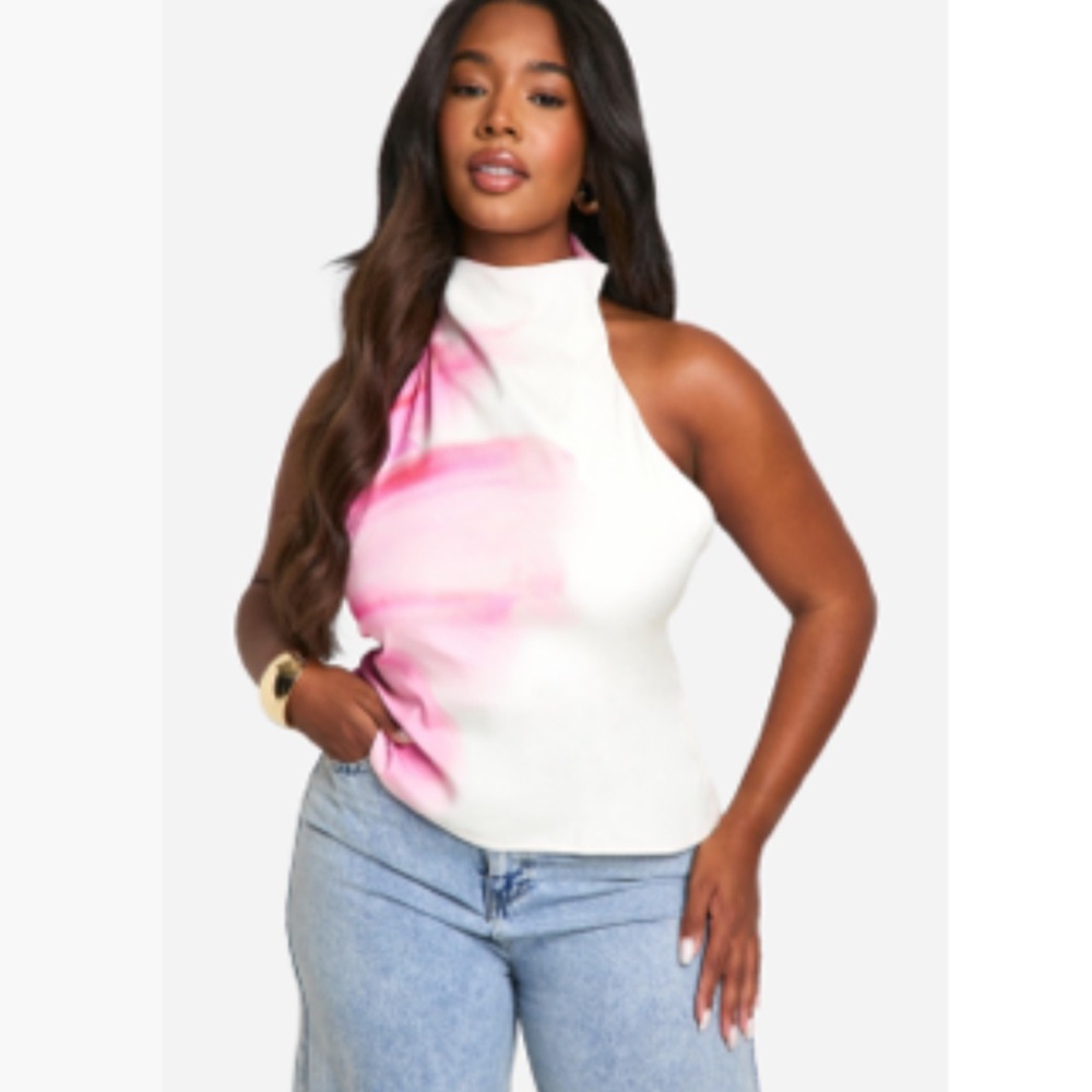 Boohoo Plus Premium satin floral print halter tie back top